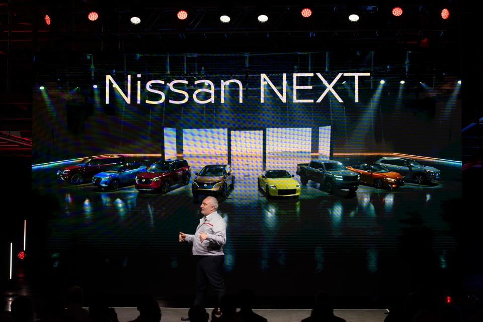 Jérémie Papin, chairperson Nissan Americas, speaks during a news conference about Nissan's announcement that the Nissan Canton Vehicle Plant will be the center for its electric vehicle production in the United States at the Canton, Miss., plant Thursday, Feb. 17, 2022. The investment for EV production will total $500 million with production to begin in 2025.