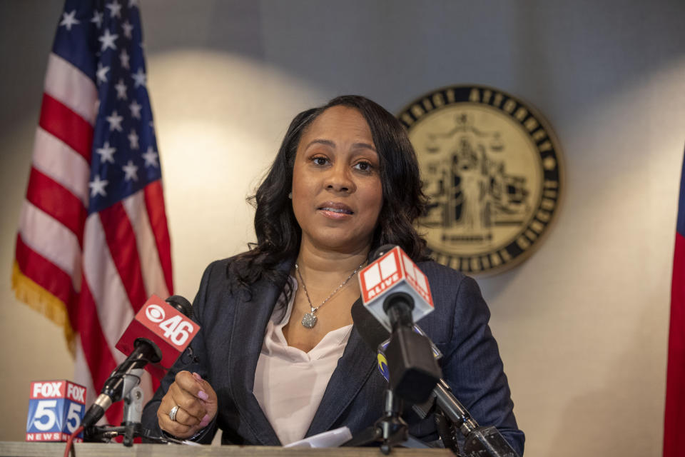 Fulton County District Attorney Fanni Willis speaks during a news conference at the Fulton County Courthouse in downtown Atlanta, Friday, Aug. 13, 2021. A Fulton County grand jury has indicted two men, Julian Conley and Jerrion McKinney, in the involvement of the murder of 8-year-old Secoriea Turner. (Alyssa Pointer/Atlanta Journal-Constitution via AP)