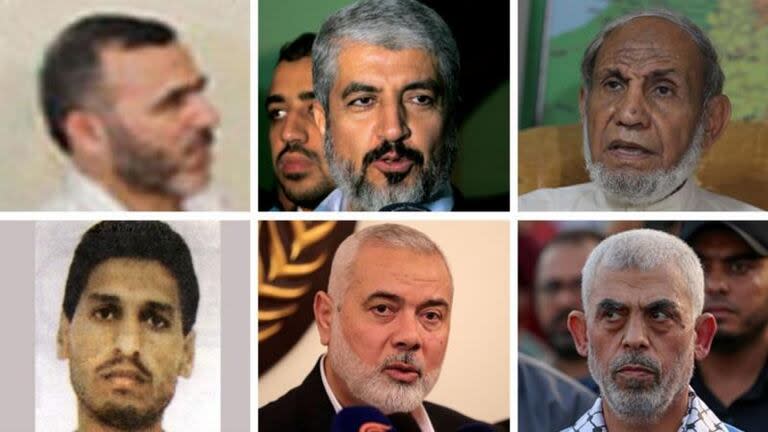Arriba, de izq. a der.: Marwan Issa, Jaled Meshaal y Mahmud Zahar. Abajo: Yehiya Sinwar, Ismail Haniyeh Y Mohamed Deif. Todos son considerados líderes máximos de Hamás