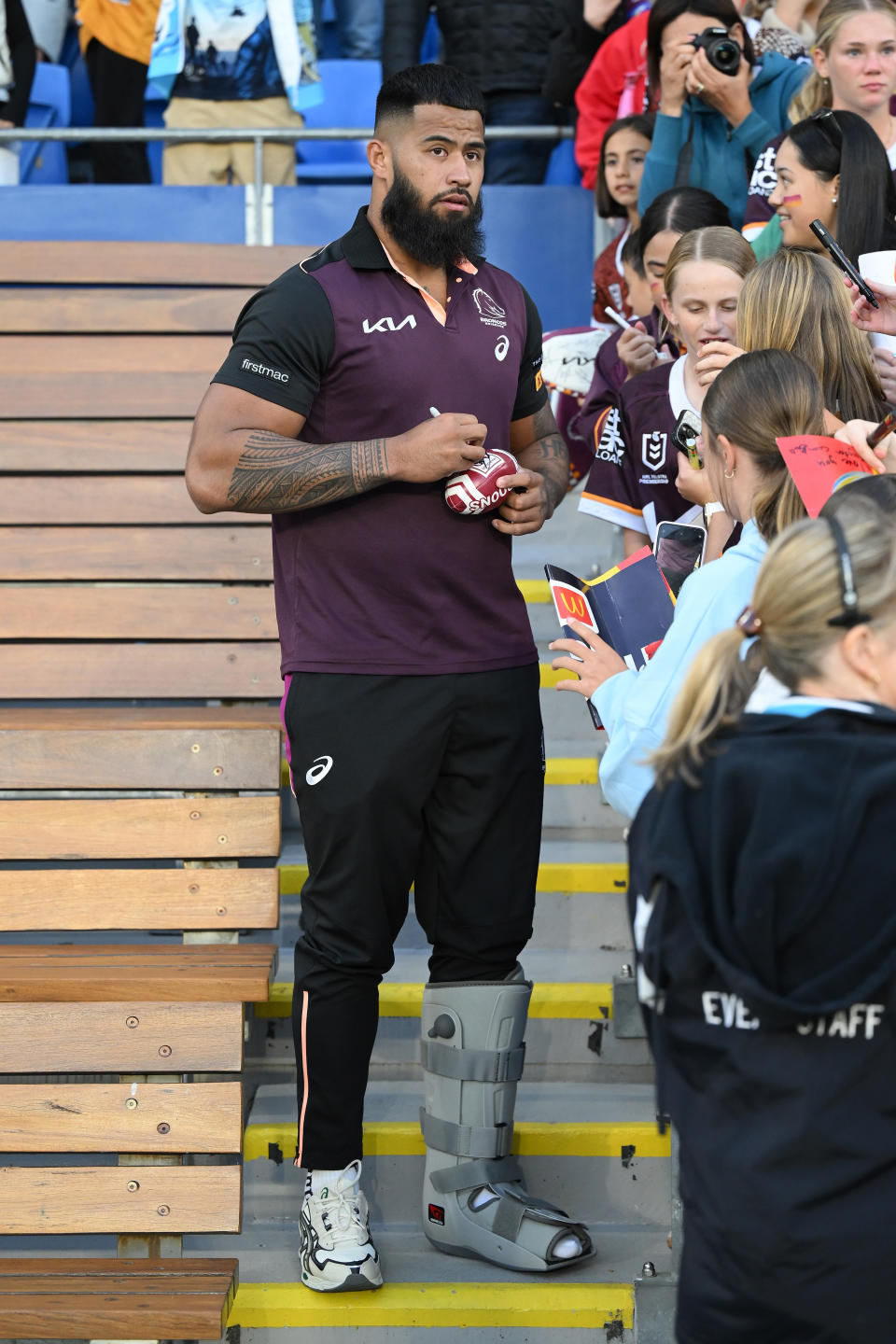 GOLD COAST, AUSTRALIA - AUGUST 03: Payne Haas of the Broncos looks on during the round 22 NRL match between Gold Coast Titans and Brisbane Broncos at Cbus Super Stadium, on August 03, 2024, in Gold Coast, Australia. (Photo by Matt Roberts/Getty Images)