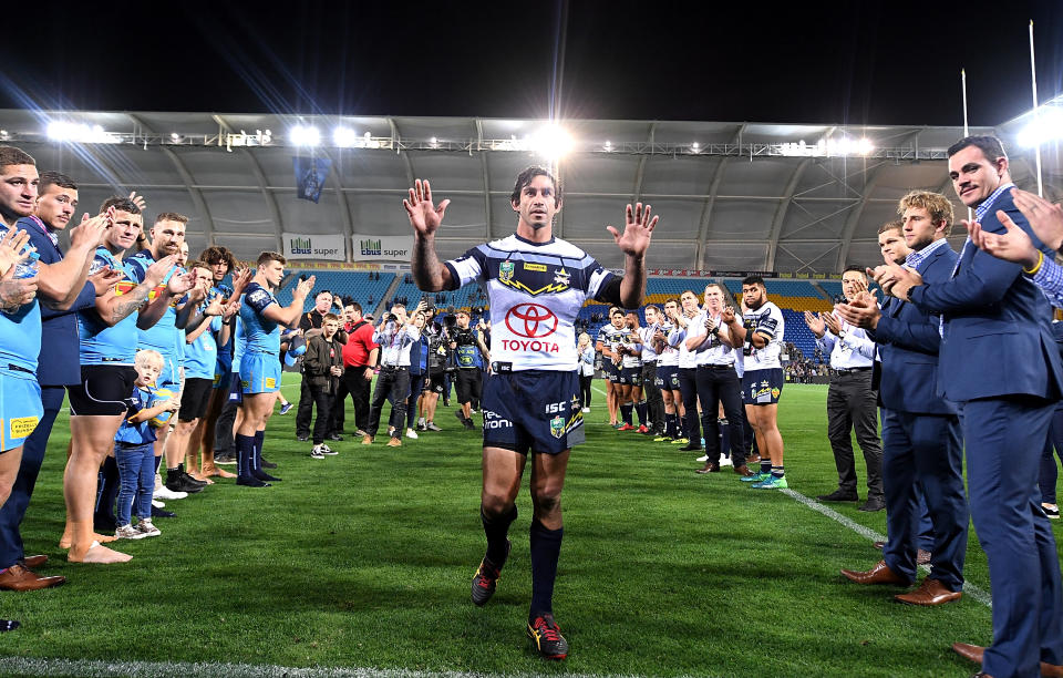 GOLD COAST, AUSTRALIA - SEPTEMBER 01:  Johnathan Thurston of the Cowboys farewells fans as he celebrates his last NRL match after the round 25 NRL match between the Gold Coast Titans and the North Queensland Cowboys at Cbus Super Stadium on September 1, 2018 in Gold Coast, Australia.  (Photo by Bradley Kanaris/Getty Images)