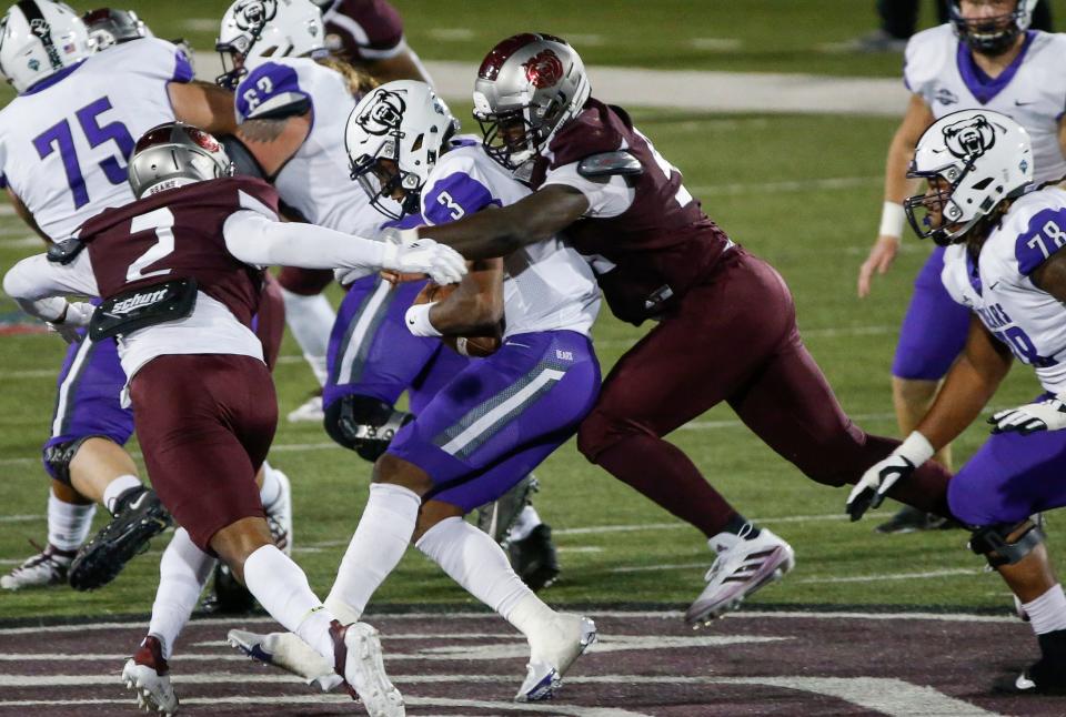 Eric Johnson, of Missouri State, sacks the quarterback during the Bears game against University of Central Arkansas in their home opener at Plaster Stadium on Saturday, Oct. 17, 2020.