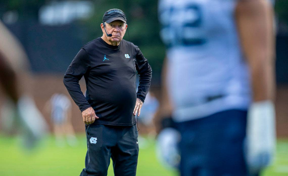 North Carolina coach Mack Brown watches his team during the Tar Heels’ first practice of the season on Monday, July 29, 2024 in Chapel Hill, N.C.