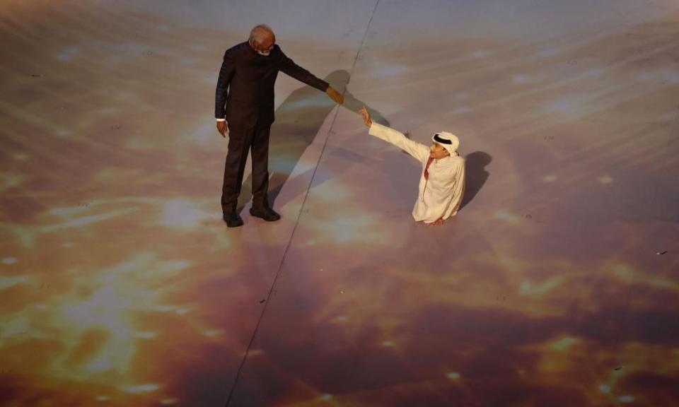 Morgan Freeman and Ghanim al-Muftah during the opening ceremony.