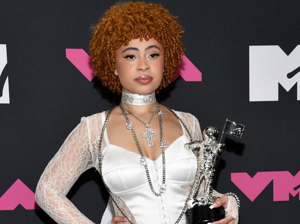 Ice Spice poses in the press room at the MTV Video Music Awards on Tuesday, Sept. 12, 2023, at the Prudential Center in Newark, N.J.