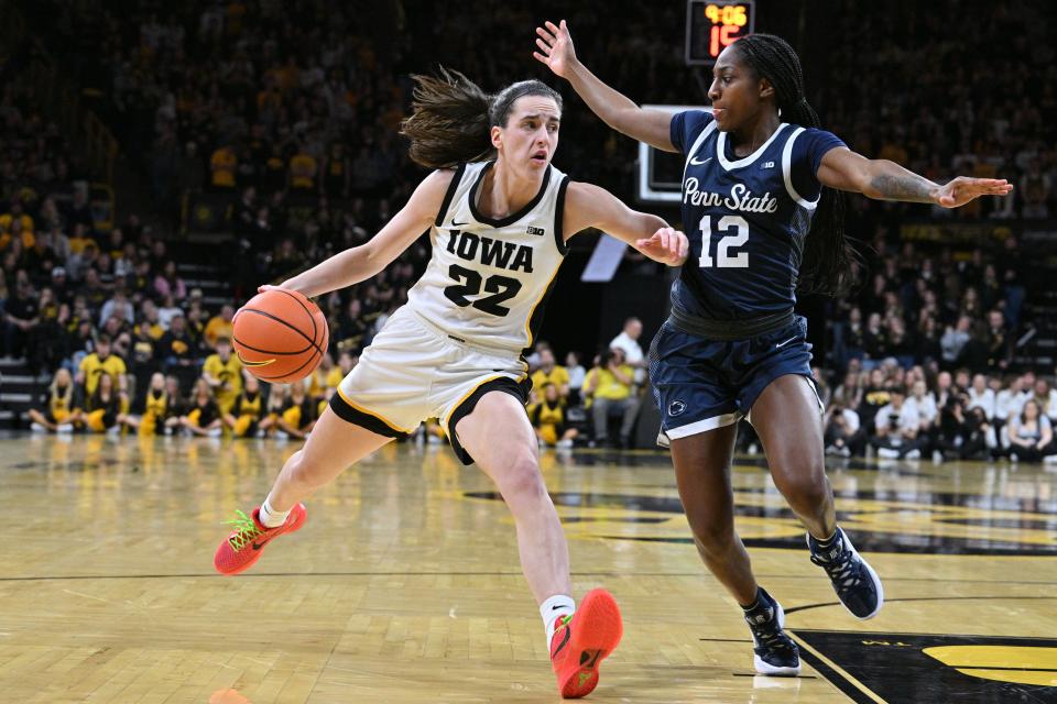 Iowa women's basketball guard Caitlin Clark (22) goes to the basket during a game on Feb. 8 against Penn State at Carver-Hawkeye Arena.