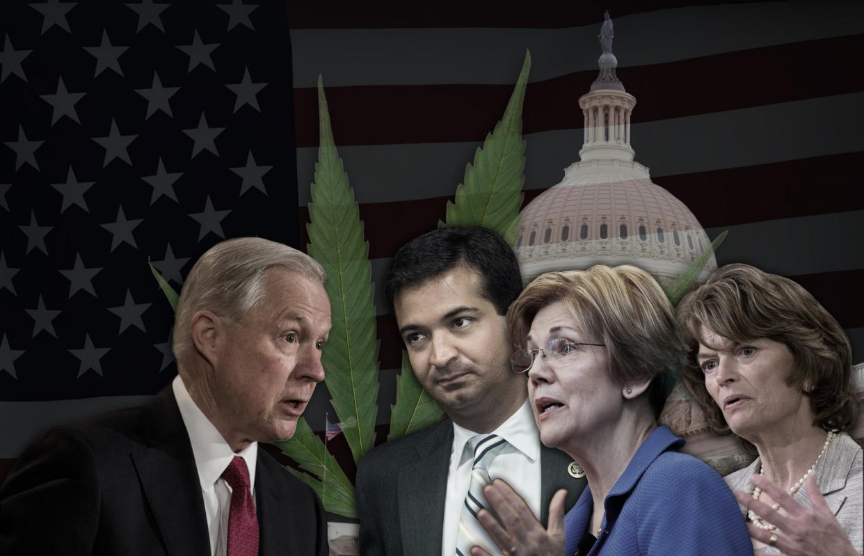 U.S. Attorney General Jeff Sessions, Rep. Carlos Curbelo, R-Fla., Sen. Elizabeth Warren and Sen. Lisa Murkowski. (Photo illustration: Yahoo News; photos: Zach Gibson/Getty Images, Bill Clark/CQ Roll Call, Jessica Rinaldi/The Boston Globe via Getty Images, Manuel Balce Ceneta/AP, Background art: AP, Getty images, Pablo Martinez Monsivais/AP)