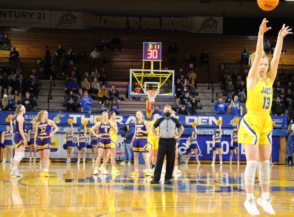 Haleigh Timmer shoots a free throw after a technical foul against Western Illinois Saturday at Frost Arena. SDSU beat WIU 114-50.