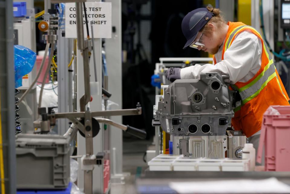 Andrew Kibedy, a team member working in module final assembly at the Fuel Cell System Manufacturing in Brownstown on Wednesday, Jan. 24 2024.