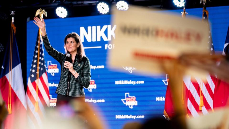 PHOTO: Republican presidential candidate former U.N. Ambassador Nikki Haley waves to the crowd at the conclusion of a campaign rally at the Sawyer Park Icehouse bar on March 4, 2024 in Spring, Texas. (Brandon Bell/Getty Images)