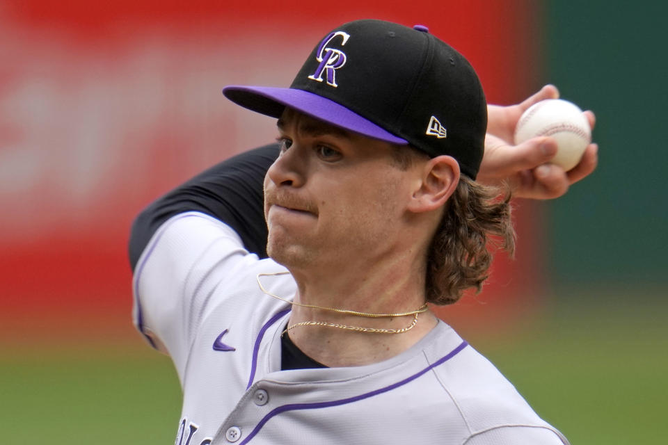 Colorado Rockies starting pitcher Ryan Feltner delivers during the first inning of a baseball game against the Pittsburgh Pirates in Pittsburgh, Sunday, May 5, 2024. (AP Photo/Gene J. Puskar)