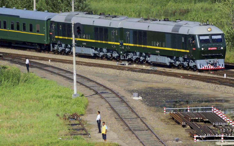 FILE - A train believed to be carrying then North Korean leader Kim Jong Il moves past Dongjingcheng, Heilongjiang province, China, on Aug. 30, 2010. North Korea’s Kim Jong Un's train journey to Russia has a storified history. The tradition of train travel extends across the generations. That’s in evidence at the massive Kumsusan Palace of the Sun, where reconstructions of Kim Jong Un’s father’s and grandfather’s train cars, and the leaders’ preserved and displayed remains, are enshrined. (Kyodo News via AP, File)