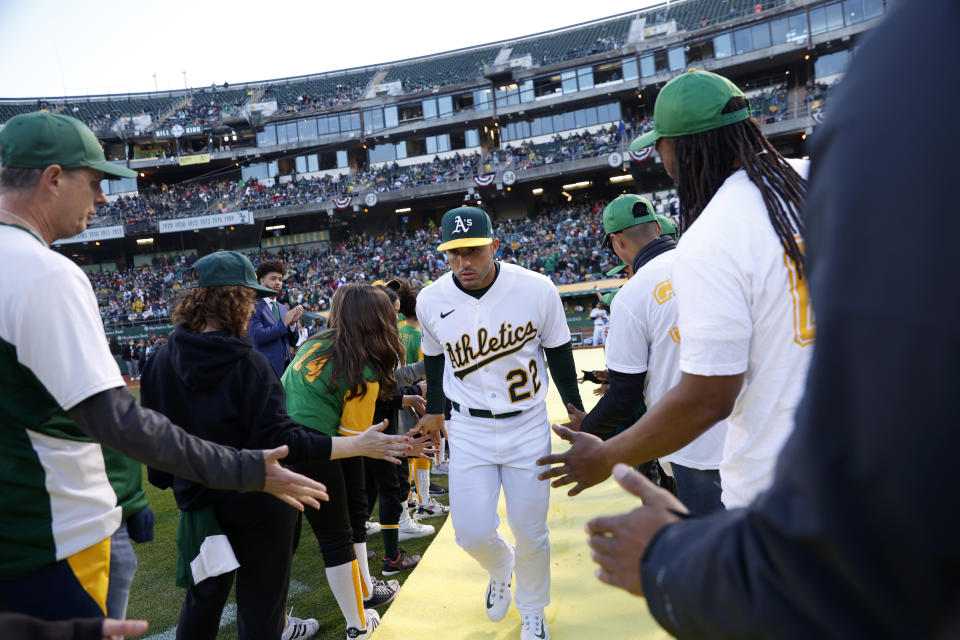 Oakland Athletics right fielder Ramon Laureano (22) is introduced prior to an opening day baseball game against the Los Angeles Angels in Oakland, Calif., Thursday, March 30, 2023. (AP Photo/Jed Jacobsohn)