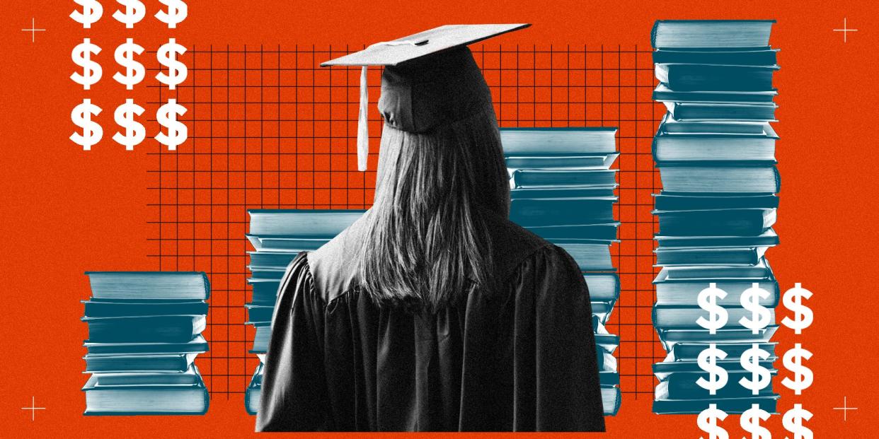 Graduate facing a bar graph made up of books as it continues to grow