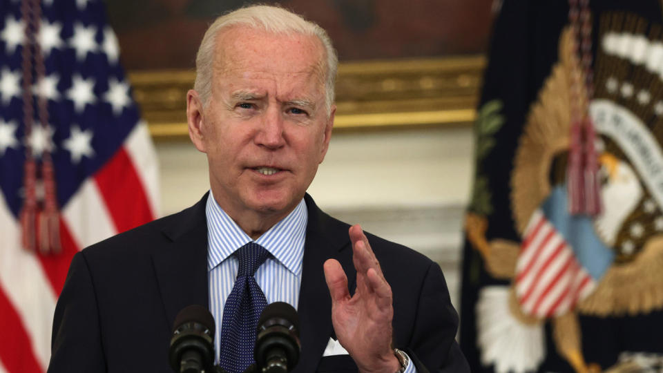 U.S. President Joe Biden delivers remarks on the COVID-19 response and the vaccination program during an event at the State Dining Room of the White House May 4, 2021 in Washington, DC. (Alex Wong/Getty Images)