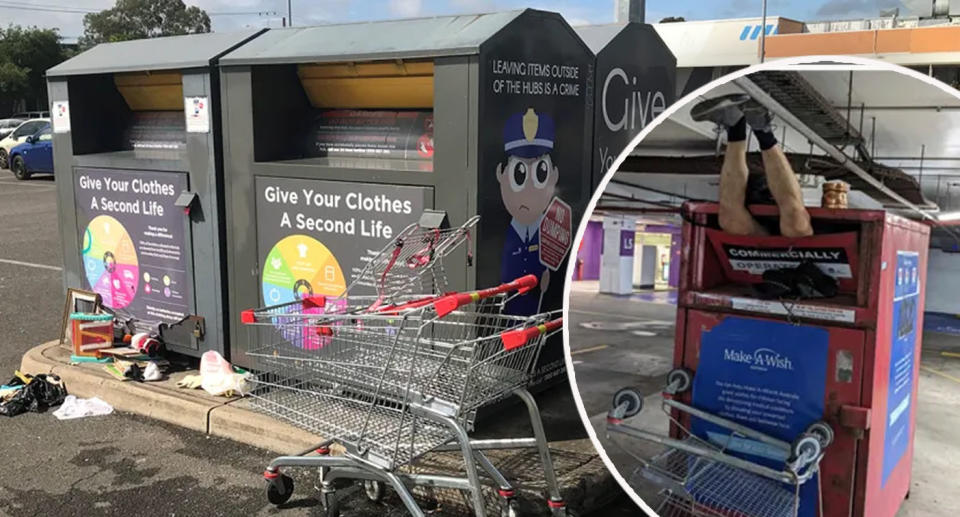 Left: Charity bins in car park. Right: man's legs hanging out of charity bin. 