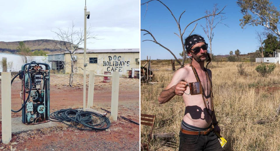 An abandoned petrol station and a traveller posing with a cup of coffee in Wittenoom.