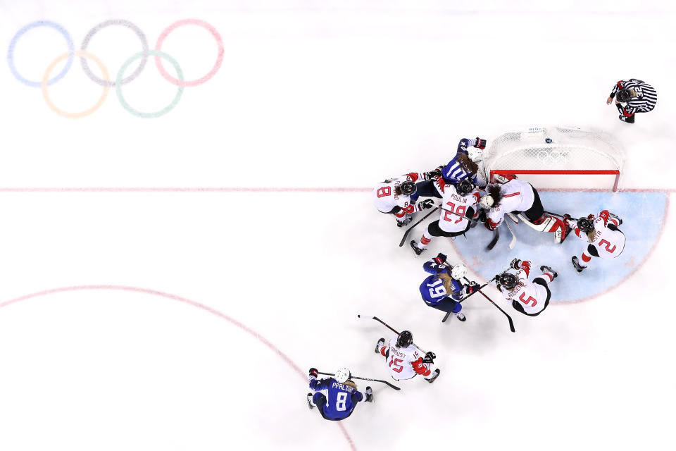 <p>Meghan Duggan #10 of the United States battles for the puck in the third period against Canada during the Women’s Gold Medal Game on day thirteen of the PyeongChang 2018 Winter Olympic Games at Gangneung Hockey Centre on February 22, 2018 in Gangneung, South Korea. (Photo by Bruce Bennett/Getty Images) </p>