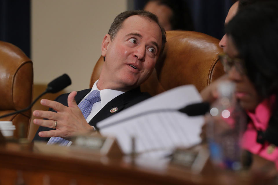 WASHINGTON, DC - JUNE 13: House Intelligence Committee Chairman Adam Schiff (D-CA) listens to testimony from experts on the subject of 'deepfakes,' digitally manipulated video and still images, during a hearing in the Longworth House Office Building on Capitol Hill June 13, 2019 in Washington, DC. Artificial intelligence-generated videos of Speaker of the House Nancy Pelosi (D-CA) and Facebook founder Mark Zuckerberg have brought the issue of manipulation into sharp focus and leaves lawmakers with questions about national security and mass communication.   (Photo by Chip Somodevilla/Getty Images)