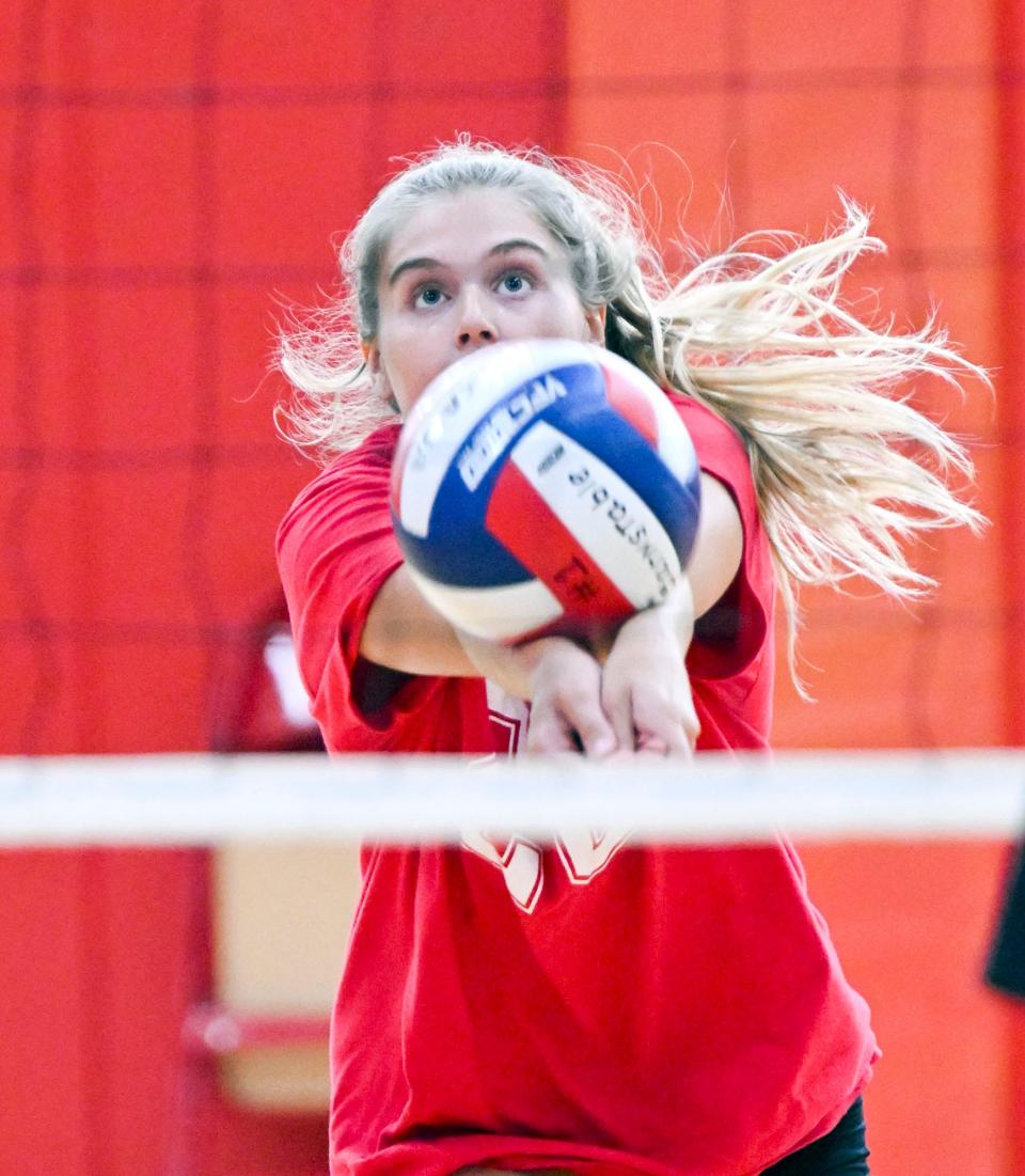 Lindsay Jones of Barnstable sets up a shot against Old Rochester in a volleyball scrimmage Wednesday in Hyannis.