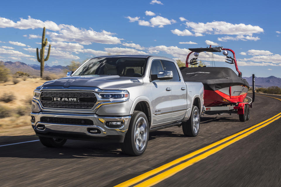 This undated photo provided by Fiat Chrysler Automobiles shows the 2019 Ram 1500. The newly redesigned 2019 Ram 1500 crew cab scored top marks in the Insurance Institute for Highway Safety's crash and automatic emergency brake testing. (Fiat Chrysler Automobiles North America via AP)