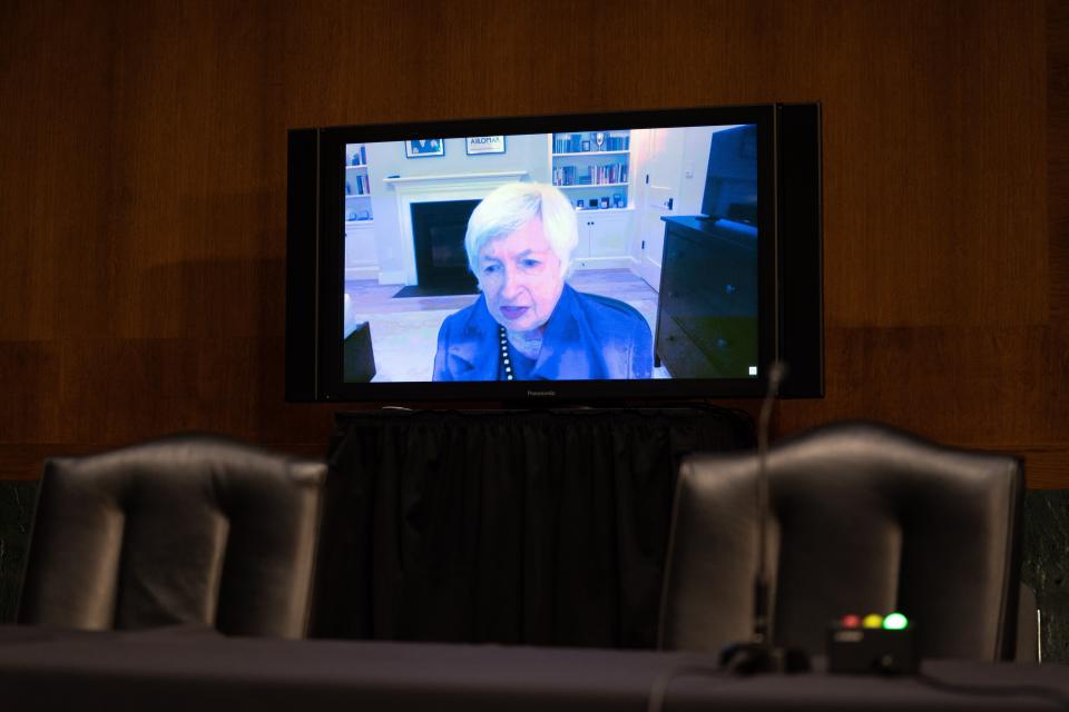 Janet Yellen, President-elect Joe Bidens nominee for Secretary of the Treasury, participates remotely during a hearing, as she participates in a Senate Finance Committee hearing in Washington DC, on January 19, 2021. - Biden, who will take office on January 20, 2021, has proposed a $1.9 trillion rescue package to help businesses and families struggling amid the pandemic, and Yellen would be tasked with getting that massive bill through a Congress where some are wary of the skyrocketing budget deficit. (Photo by Anna Moneymaker / POOL / AFP) (Photo by ANNA MONEYMAKER/POOL/AFP via Getty Images)