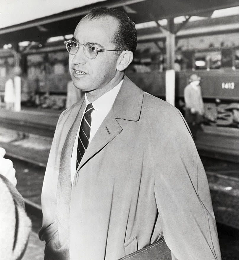 (Original Caption) 4/15/1954-Detroit, MI- Dr. Jonas Salk, University of Pittsburgh creator of the Salk polio vaccine, which is scheduled to be tested on hundreds of thousands of children this year, is shown as he talked to reporters on his arrival in Detroit en route to Ann Arbor. (Getty Images)