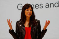 Jade Raymond, head of Google's Stadia Games and Entertainment, speaks on stage during a keynote address announcing Google's new cloud gaming service, Stadia, at the Game Developers Conference in San Francisco, California, U.S., March 19, 2019. REUTERS/Stephen Lam