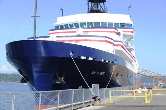 The Auxiliary General Oceanographic Research R/V Sally Ride (AGOR 28) on the eve of her christening at Dakota Creek Industries, Inc., shipyard in Anacortes, Washington.