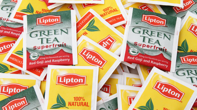 Lipton tea bags in pile