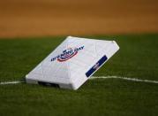 Mar 29, 2018; Phoenix, AZ, USA; Detailed view of the Opening Day 2018 logo on a base prior to the Arizona Diamondbacks game against the Colorado Rockies during Opening Day at Chase Field. Mandatory Credit: Mark J. Rebilas-USA TODAY Sports