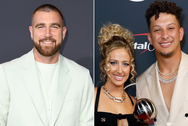 <p>JC Olivera/Getty, Frazer Harrison/Getty</p> Travis Kelce and Brittany and Patrick Mahomes