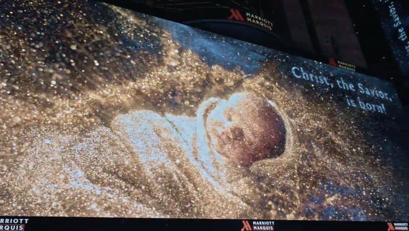 A massive billboard in Times Square displays a video from the Light the World initiative of The Church of Jesus Christ of Latter-day Saints in New York City on Monday, Nov. 27, 2023.
