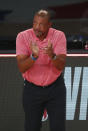 Los Angeles Clippers coach Doc Rivers applauds during the first quarter of the team's NBA basketball game against the Denver Nuggets on Wednesday, Aug. 12, 2020, in Lake Buena Vista, Fla. (Kim Klement/Pool Photo via AP)