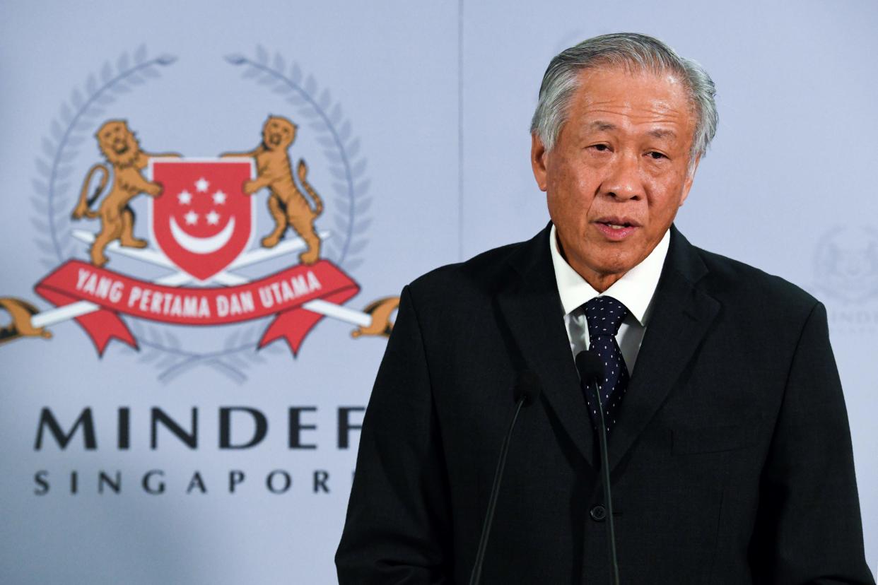 Singapore's Defence Minister Ng Eng Hen speaks to journalists after a meeting with China's Defence Minister Wei Fenghe in Singapore on May 29, 2019. (File Photo: AFP via Getty Images)