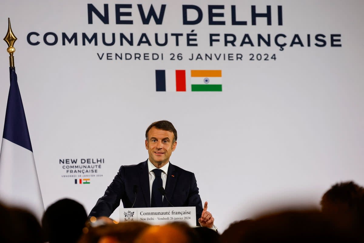 France’s president Emmanuel Macron attends the French community meeting at the French Embassy in New Delhi (AFP via Getty Images)