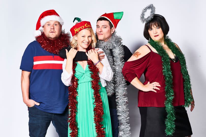(Left to to right) James Corden as Neil 'Smithy' Smith, Joanna Page as Stacey Shipman, Mathew Horne as Gavin Shipman and Ruth Jones as Nessa Jenkins, in the 2019 Gavin & Stacey Christmas special