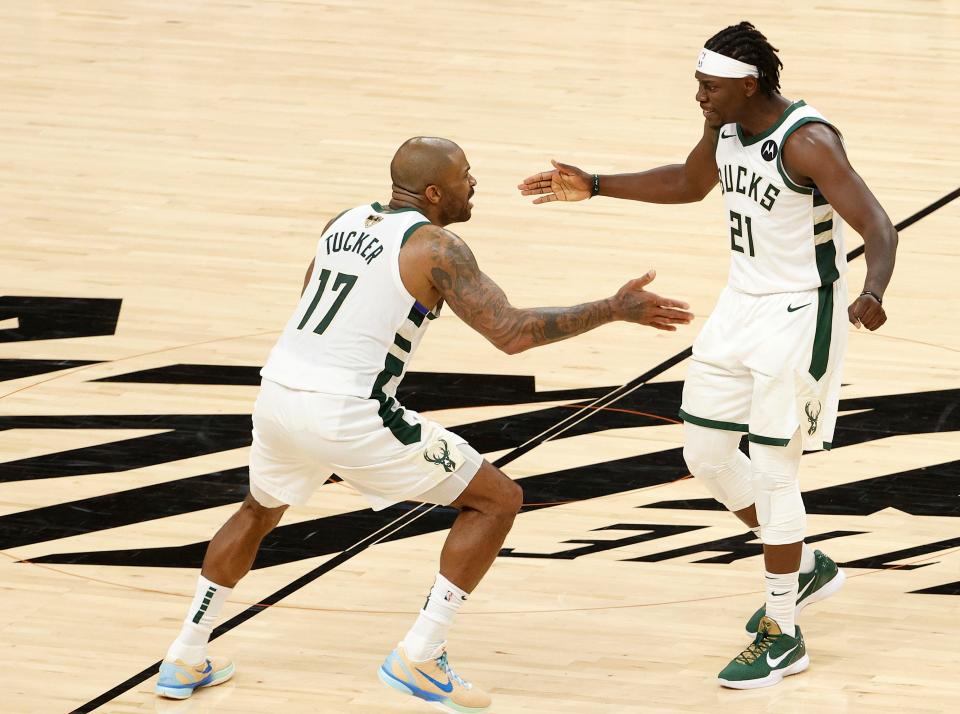 The trades for Jrue Holiday (21) in the offseason and P.J. Tucker at the trade deadline were instrumental in the Bucks winning a title.