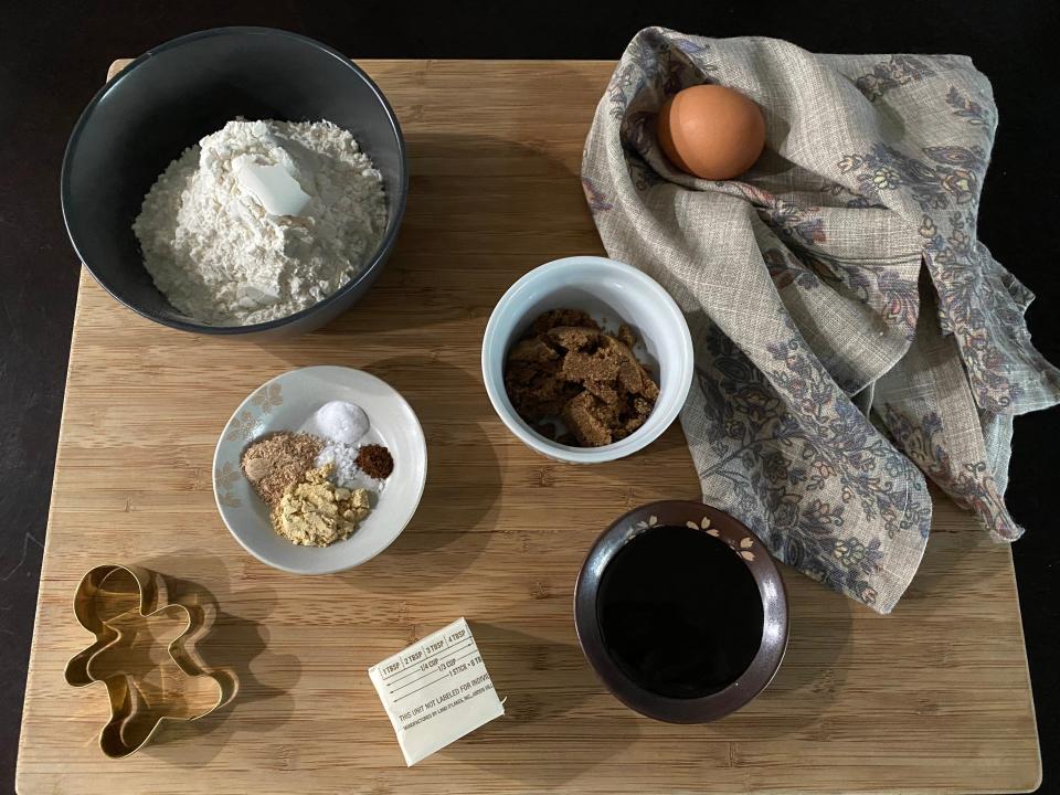 ingredients for Duff Goldman gingerbread on wooden cutting board