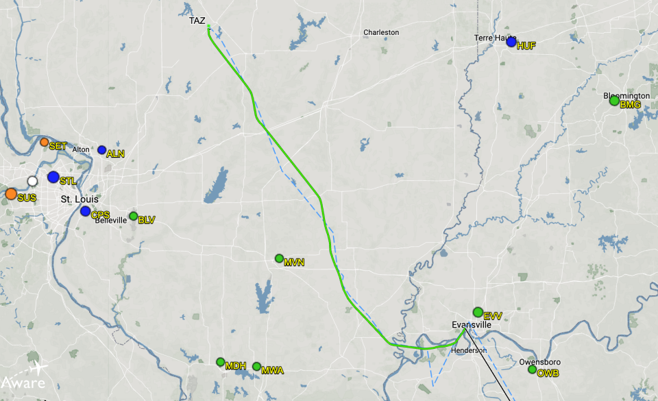 Data recorded and plotted on a map by FlightAware, an aviation tracking firm, shows the Piper PA-32 aircraft's flight path from Taylorville, Illinois, to Evansville, where it crash landed at Helfrich Hills Golf Course on Oct. 30, 2022.