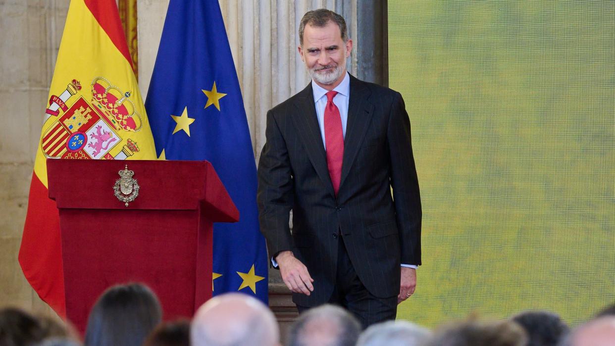 Felipe VI durante la presentación del portal digital sobre historia hispánica, en el Palacio Real de Madrid en febrero de 2023