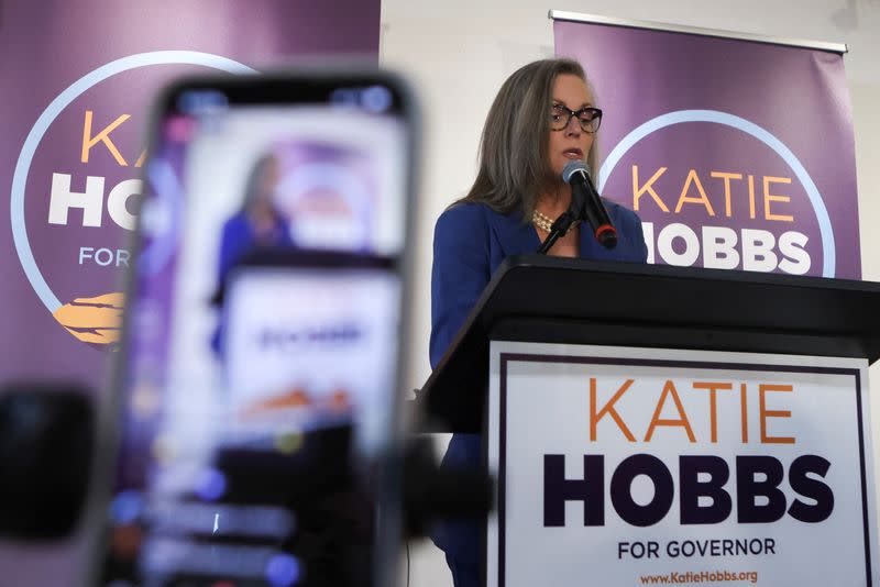 Democrat Katie Hobbs gives a victory speech after winning the race to become Arizona's next governor, in Phoenix