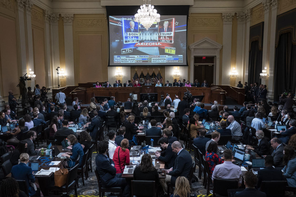 A Fox News video of former US President Donald Trump and President Joe Biden displayed on a screen during a hearing of the Select Committee to Investigate the January 6th Attack on the US Capitol