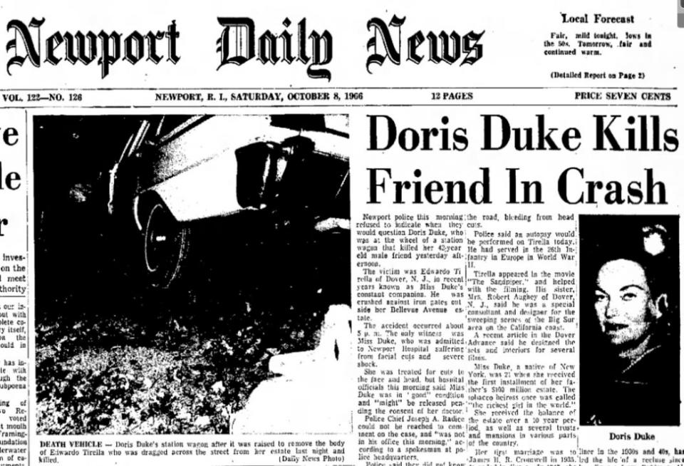 The front page of The Newport Daily News on Oct. 8, 1966, the day after tobacco heiress Doris Duke was involved in a fatal incident at her home at Rough Point on Bellevue Avenue.