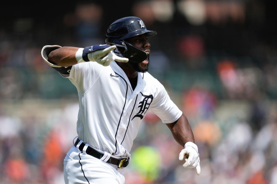 Detroit Tigers & #39;  Akil Baddoo celebrates his grand slam as he rounds first base against the Chicago White Sox in the third inning at Comerica Park in Detroit on Sunday, May 28, 2023.