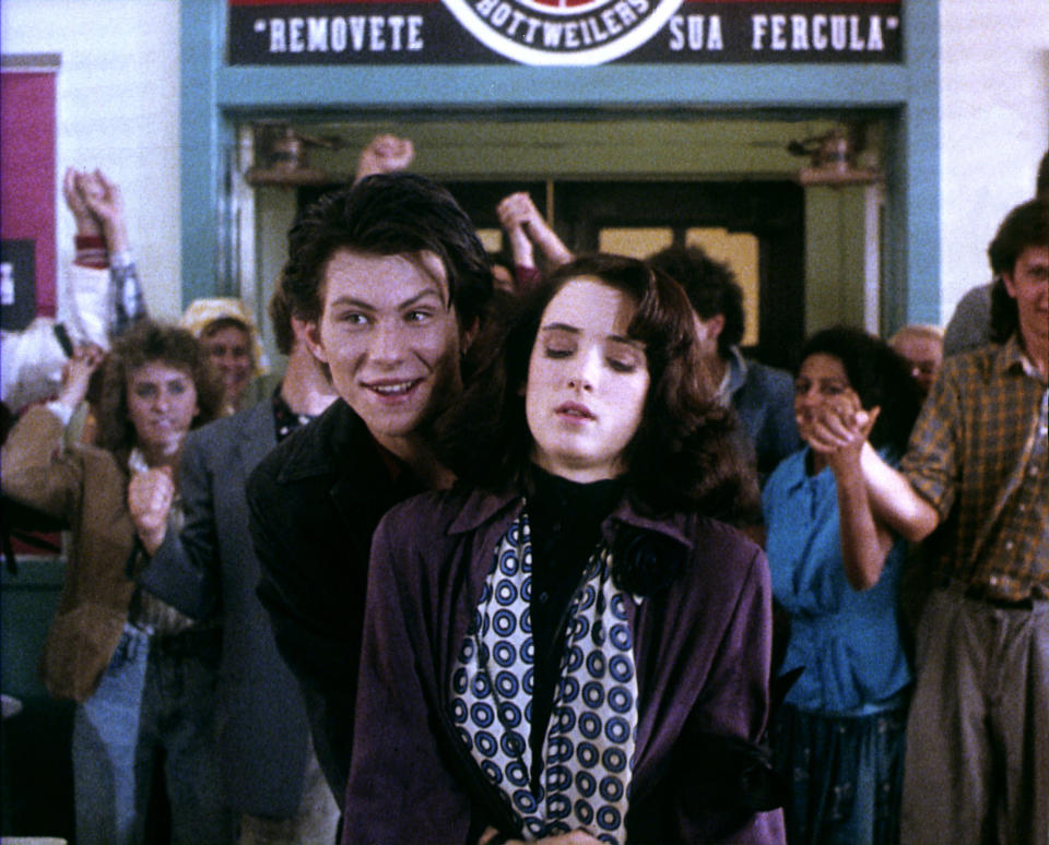 JD hugs Veronica during a scene in "Heathers"