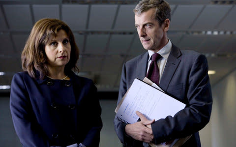 Rebecca Front as hapless minister Nicola Murray, with Peter Capaldi as spin doctor Malcolm Tucker  - Credit:  PHIL VOLKERS/BBC