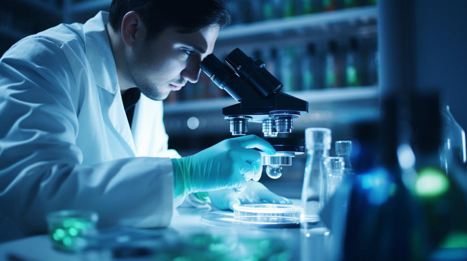 A medical lab technician carefully examining a vial under a microscope, surrounded by modern laboratory equipment.