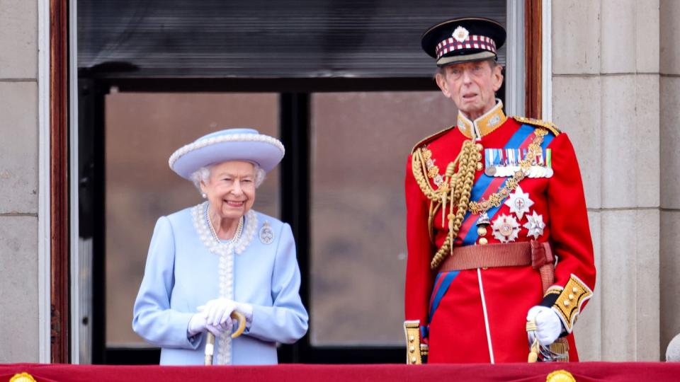 Queen Elizabeth II and Prince Edward, Duke of Kent on the balcony of Buckingham Palace during the Trooping the Colour parade
