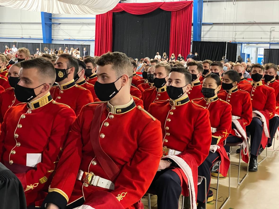 The Royal Military College of Canada in Kingston, Ont., held a sombre convocation ceremony Thursday, roughly one month after four cadets died when their vehicle crashed into the waters off Point Frederick.  (Buntola Nou/CBC - image credit)